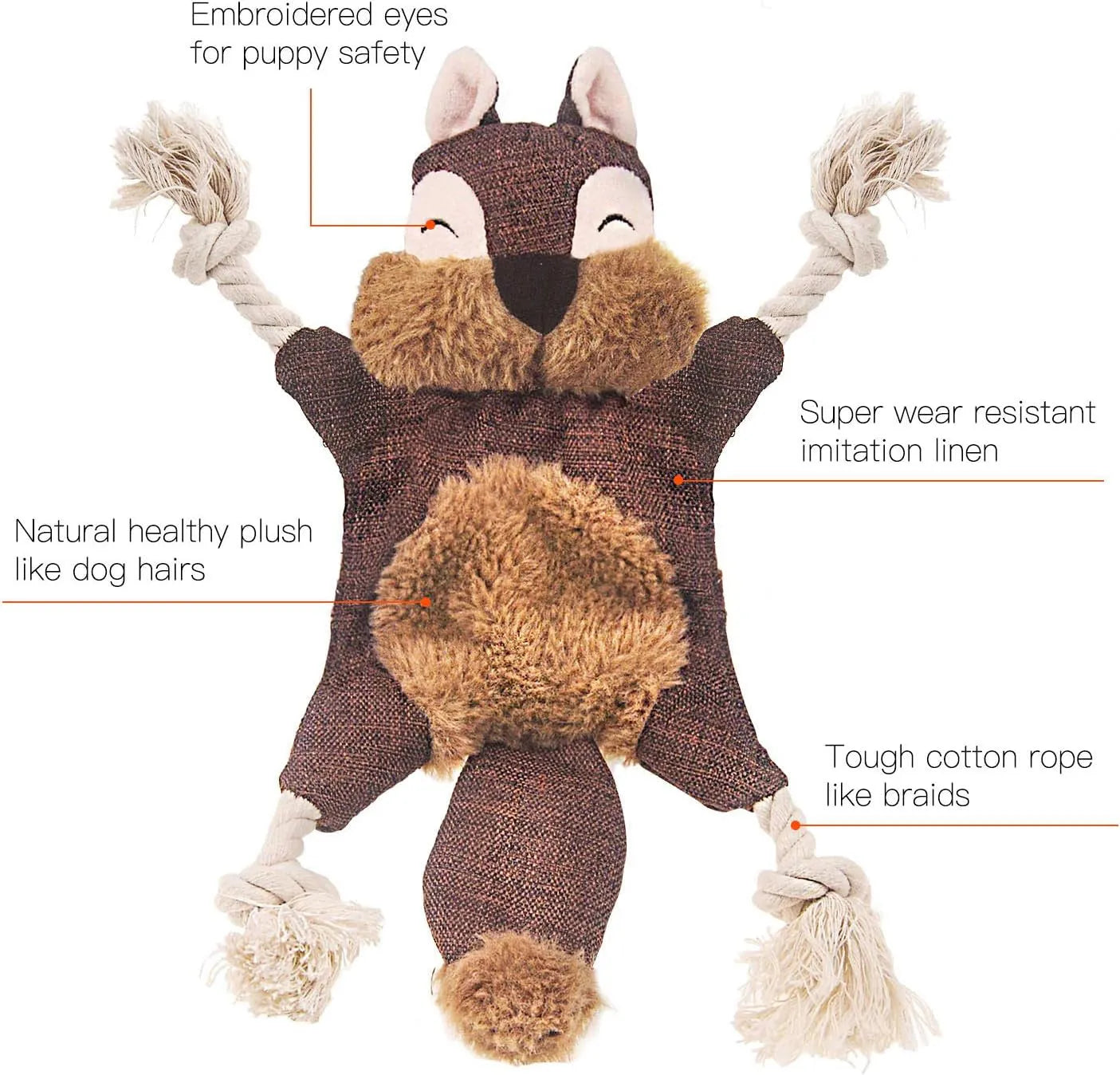 Brown fox dog toy with embroidered eyes, cotton rope arms and legs, squeaker in head
