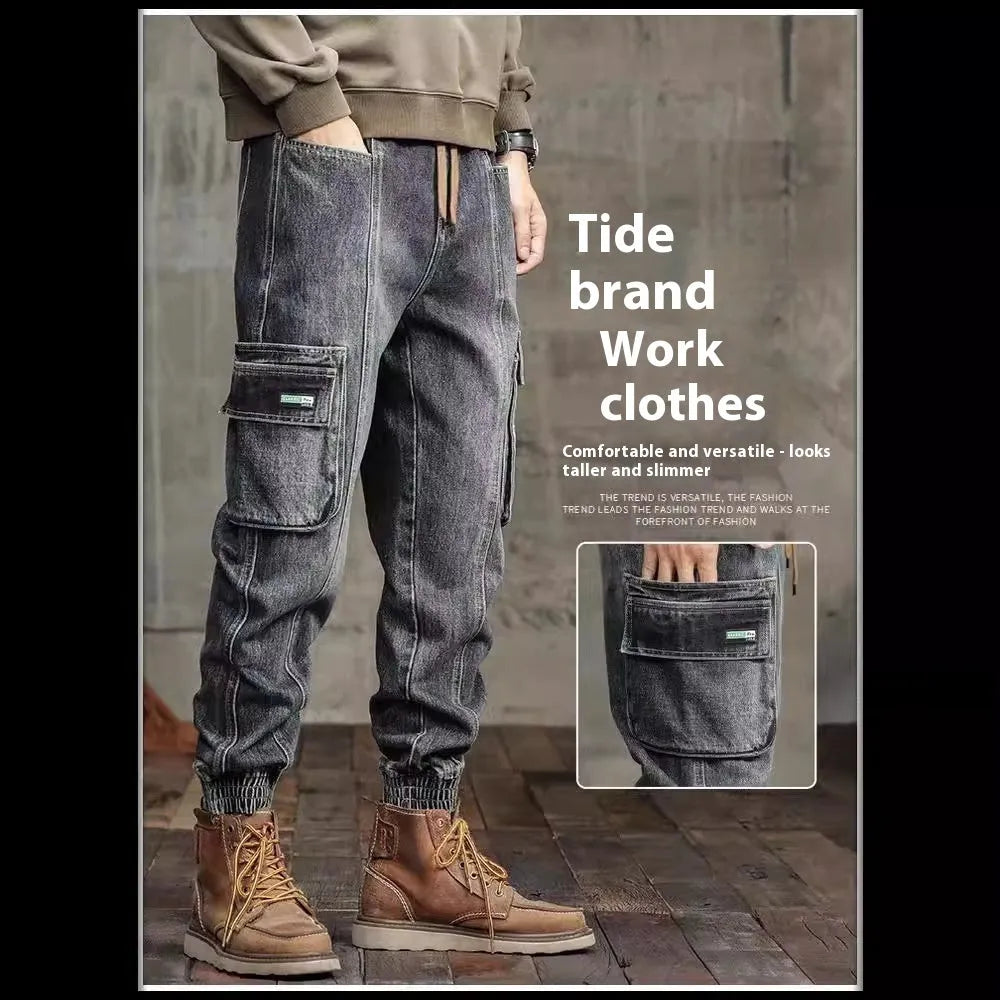 Men’s retro ankle-tied denim jeans in retro colour, mid-waist skinny fit with elastic waist