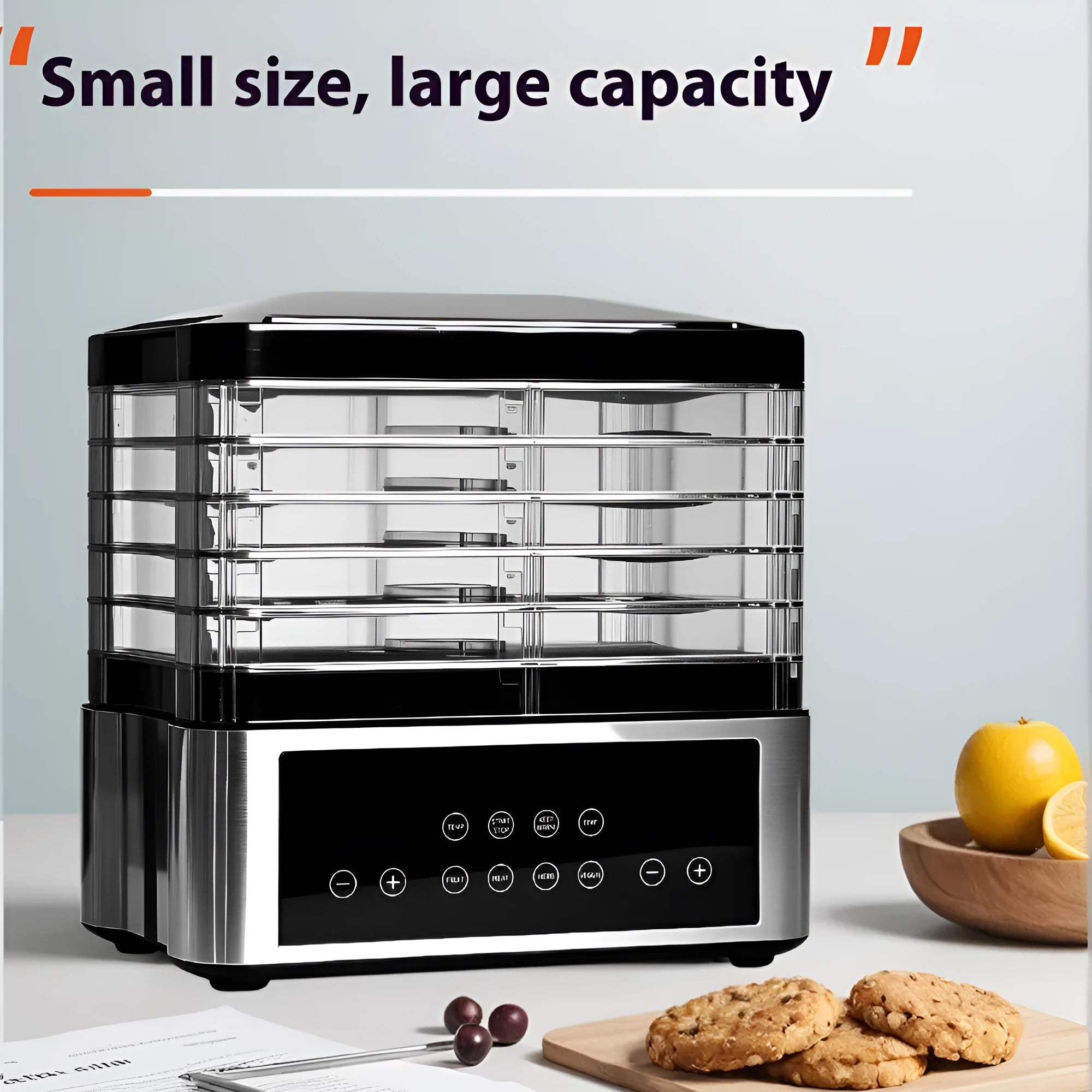Silver stainless steel food dehydrator with 14-litre capacity and adjustable temperature controls