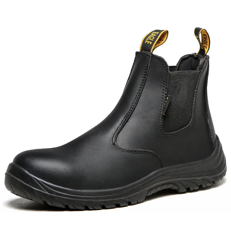 Black leather safety boots with steel toe cap and anti-piercing sole for industrial work