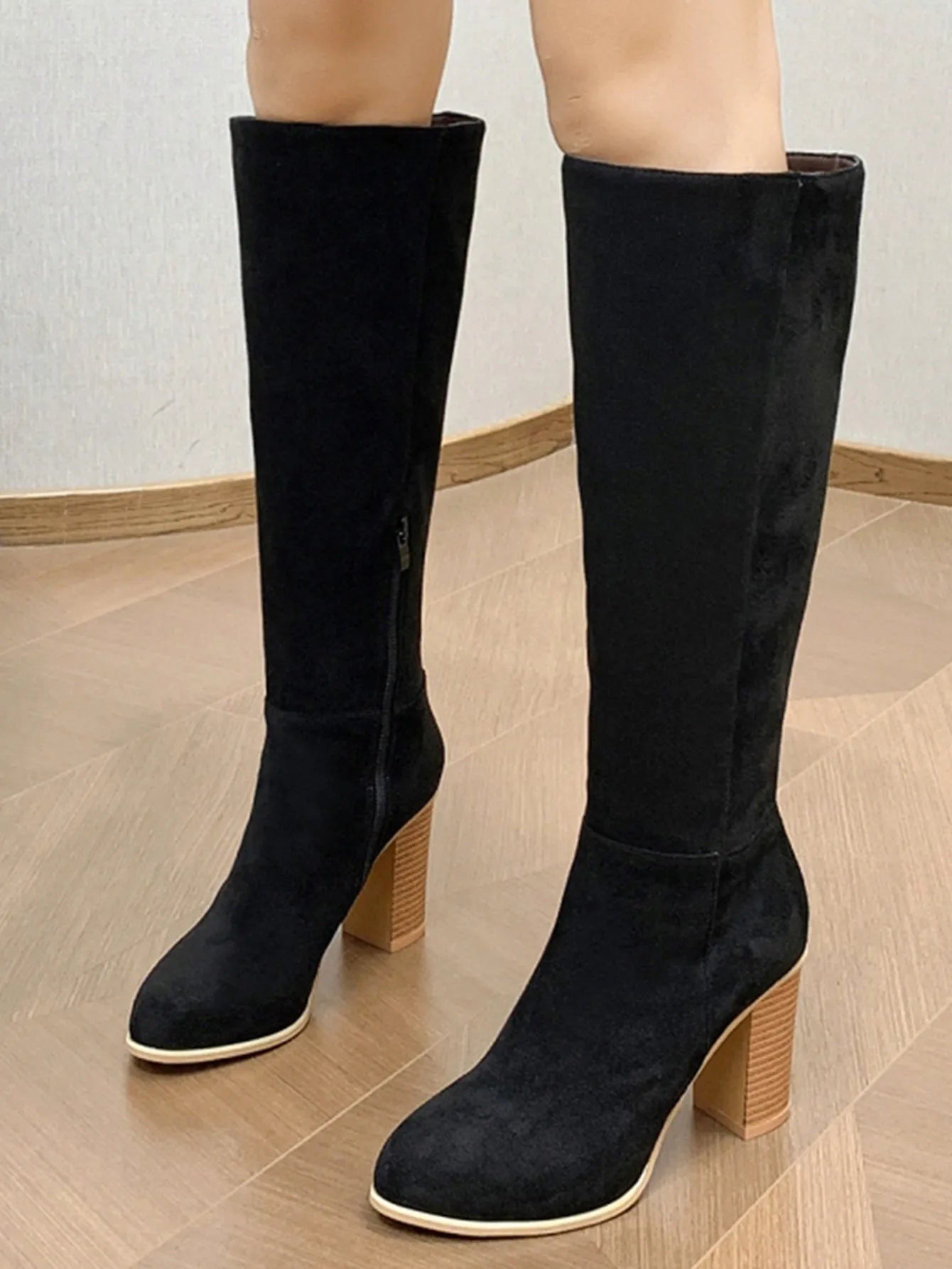 Women's square toe high heel boots in black artificial PU leather with dark brown colour option