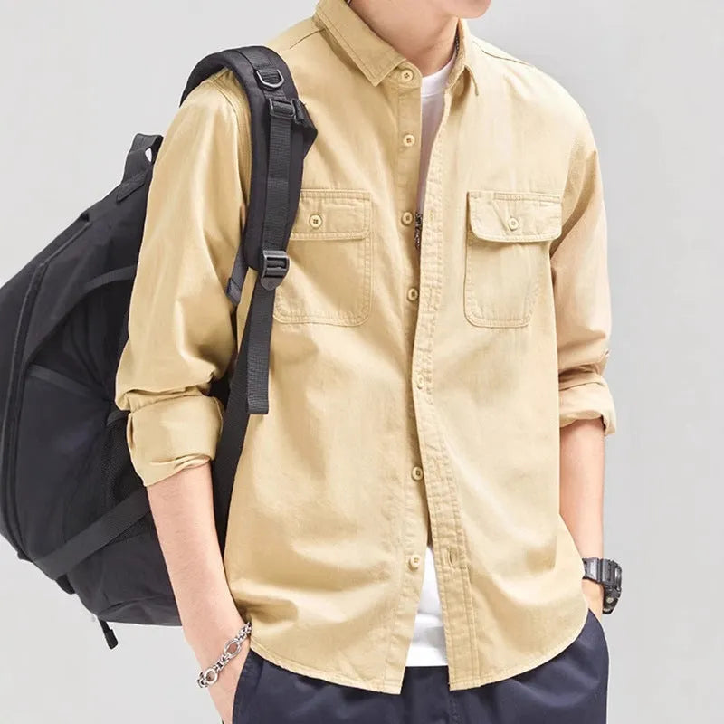 Men's loose fit cardigan-style long sleeve shirt in polyester fibre