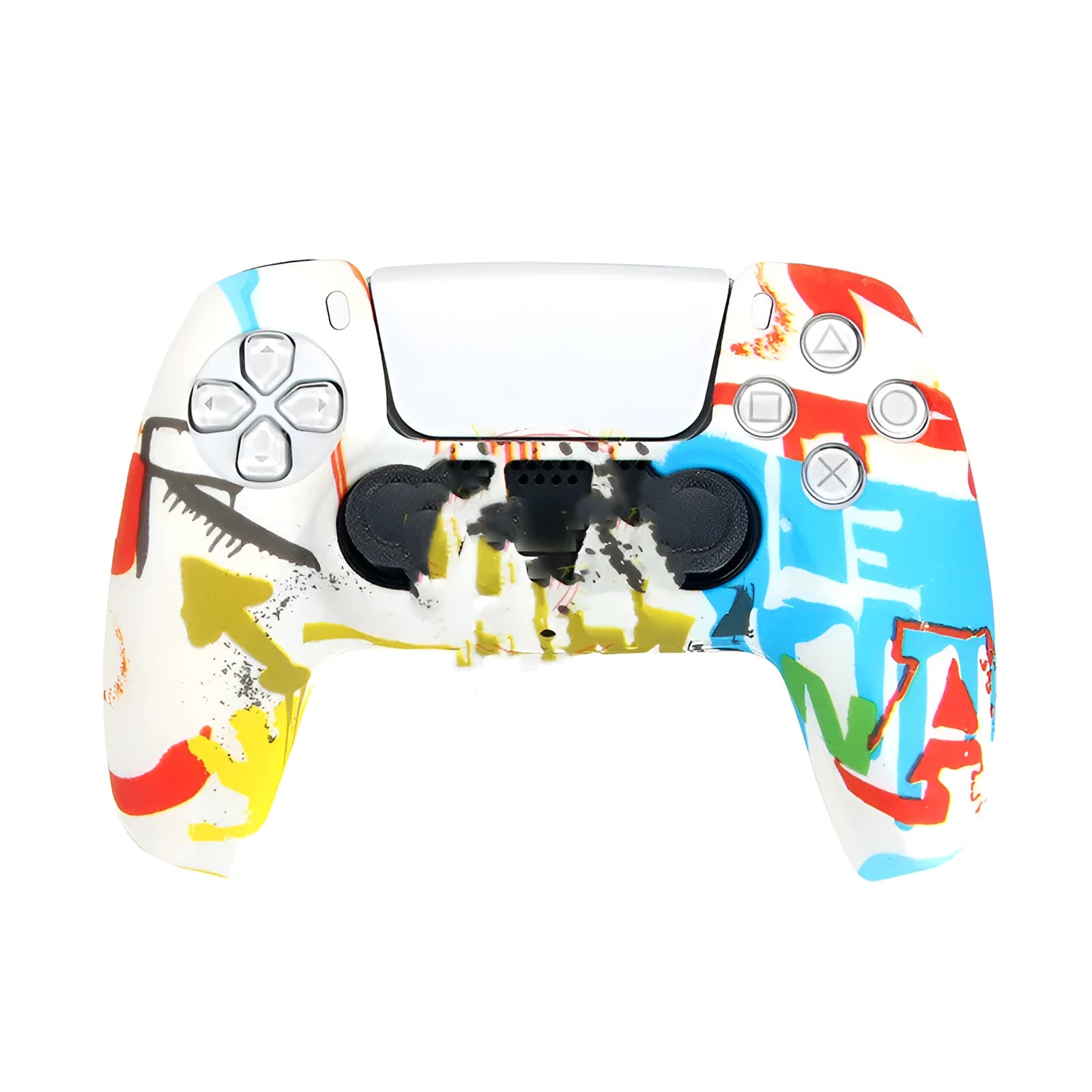 Camouflage silicone case fitted on a PS5 controller handle showing textured surface and snug fit