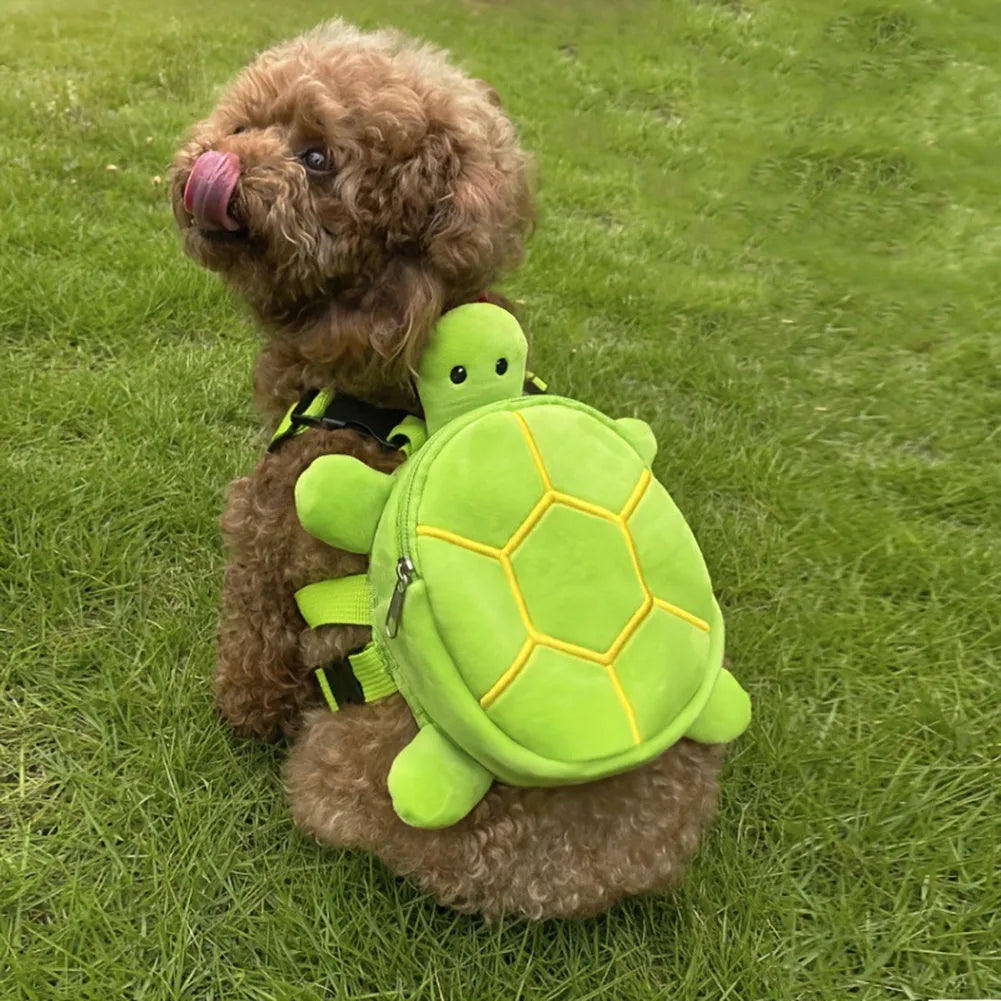 Turtle-shaped dog backpack harness vest in velvet with metal zipper, dimensions 20 x 18cm