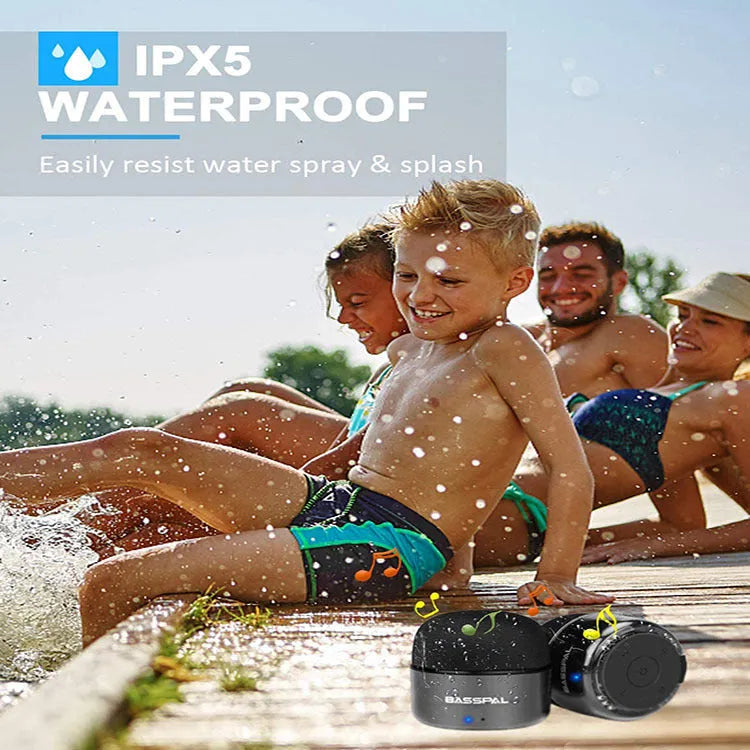 Black portable mini waterproof Bluetooth speaker showing button controls.