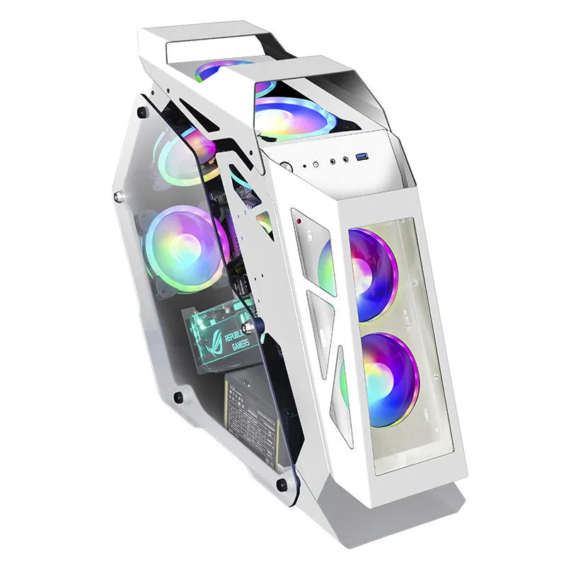 Table-type e-sports computer case metal chassis with RGB fan lighting on a desk