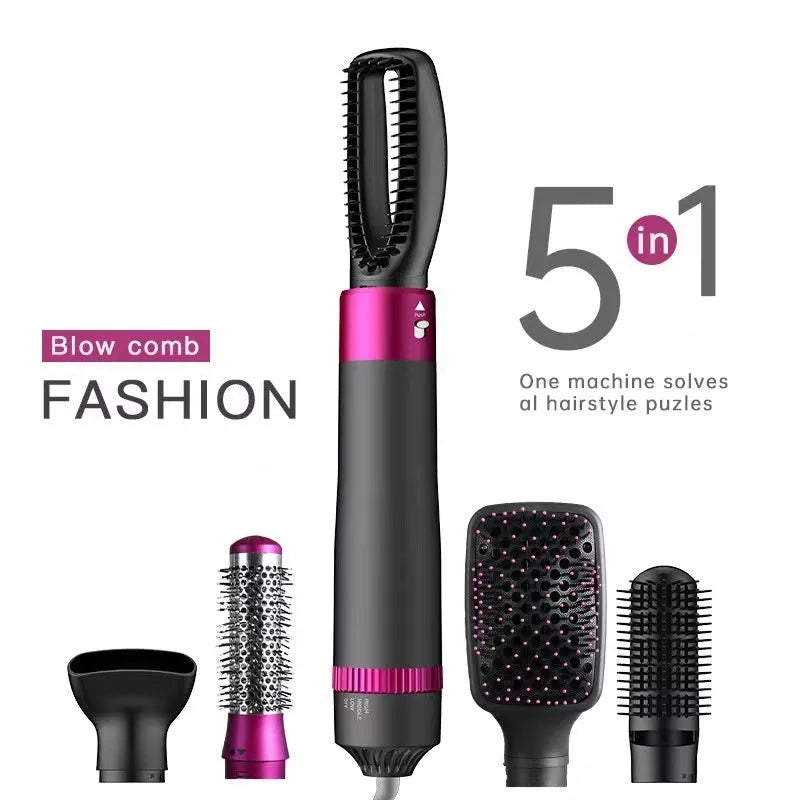 Dyson grey 5 in 1 hair dryer brush styling tool with multiple brush attachments on a white background.
