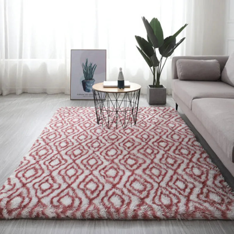 Long hair tie-dyed gradient polyester carpet in a living room setting showing soft texture and colour transition