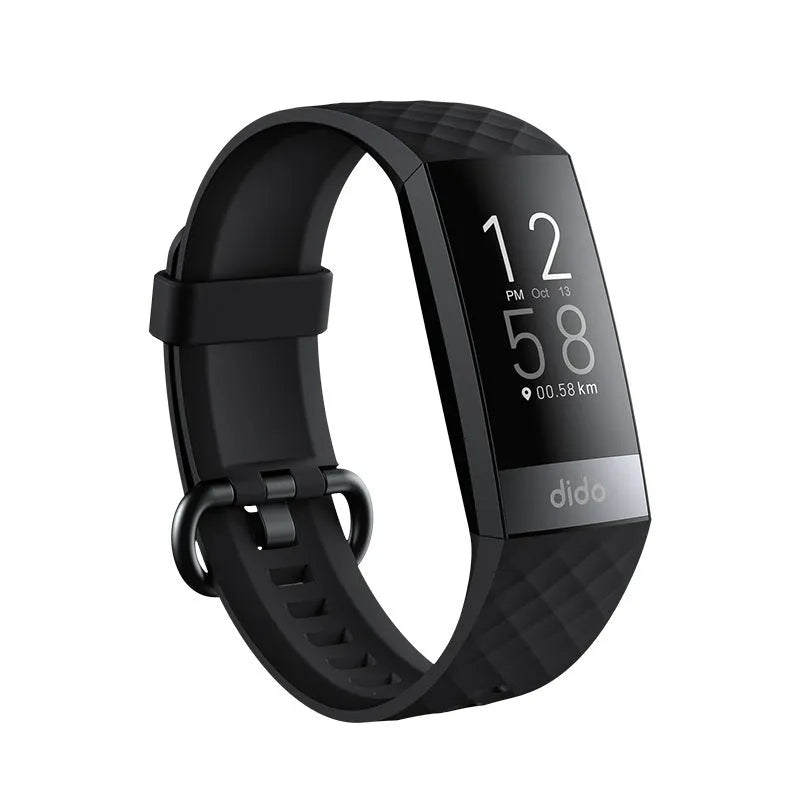 Black smart health bracelet with blood pressure and ECG monitoring on wrist showing 1.1-inch display screen