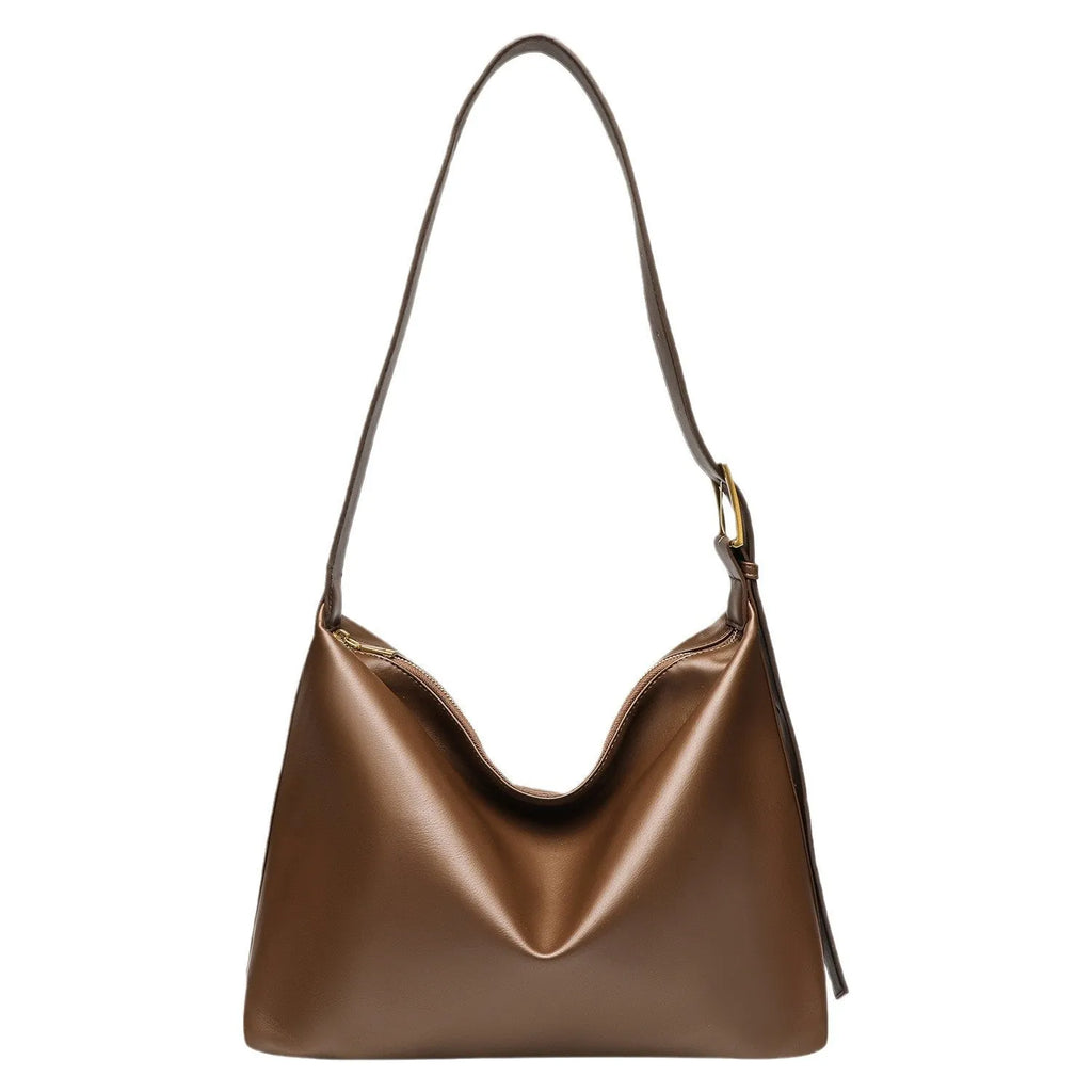 Soft collapse PU one-shoulder large capacity tote bag with sandwich pocket, 35x16.5x25cm, brown colour