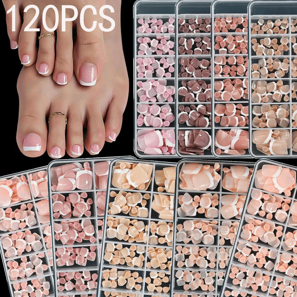 120 French white edge full square short nude nail pieces in a box, showing multiple shades.