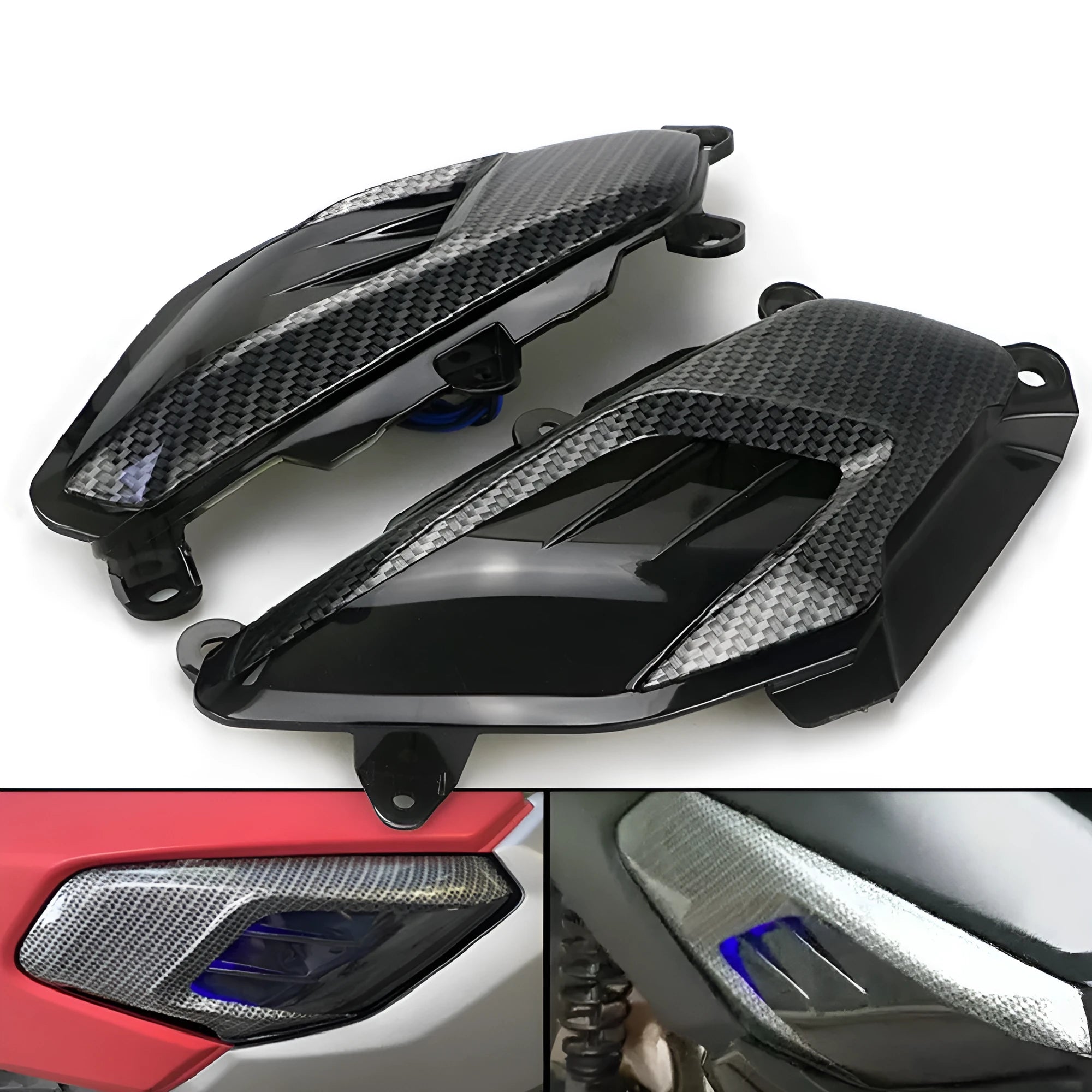 Pair of Yamaha NMAX carbon fibre LED side lamps showing blue and red light options