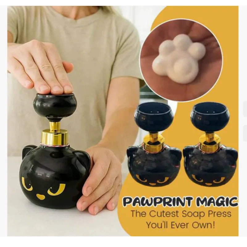 Black cartoon cat shaped plastic foam soap dispenser measuring 10x18cm