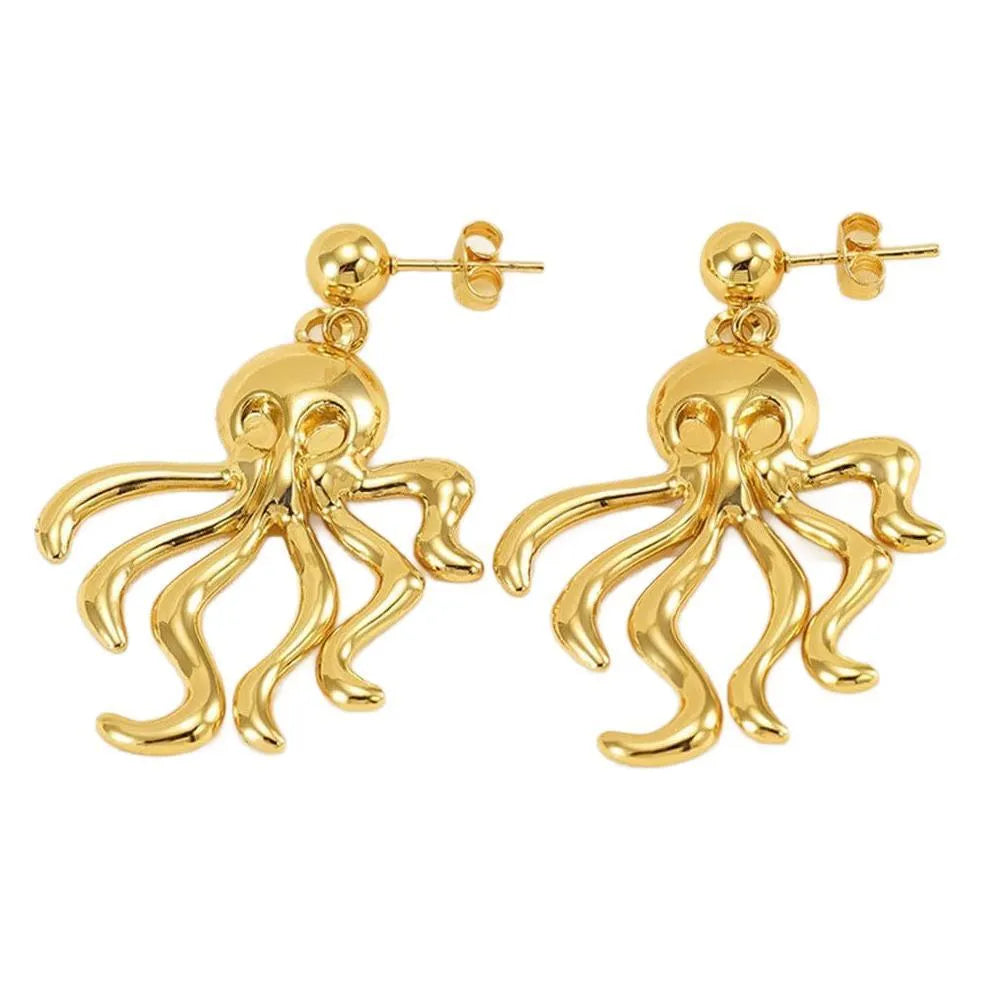 Gold stainless steel drop dangle octopus earrings with minimalist retro design
