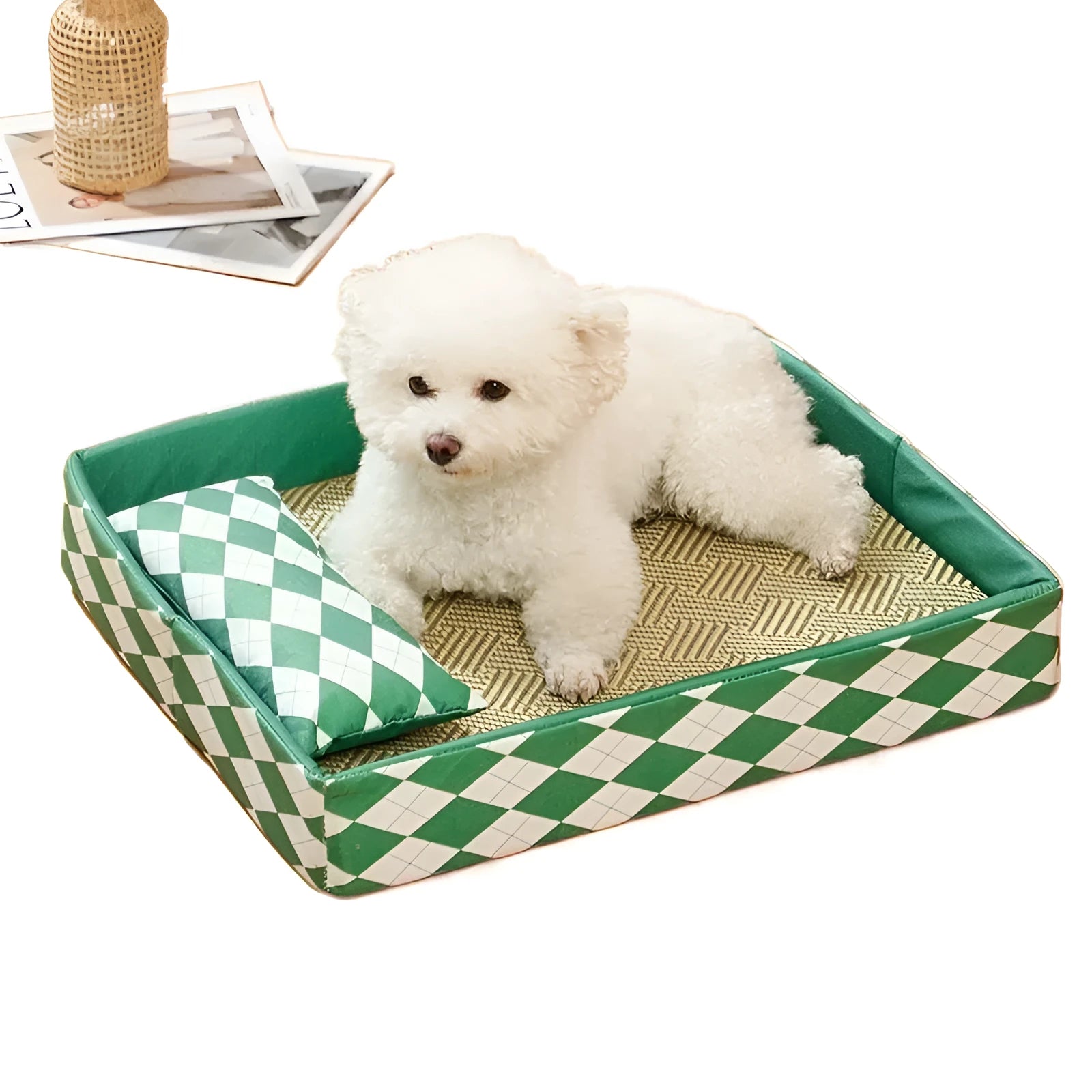 Blue rattan cat litter mat and bed next to a litter tray, shown in a size L.