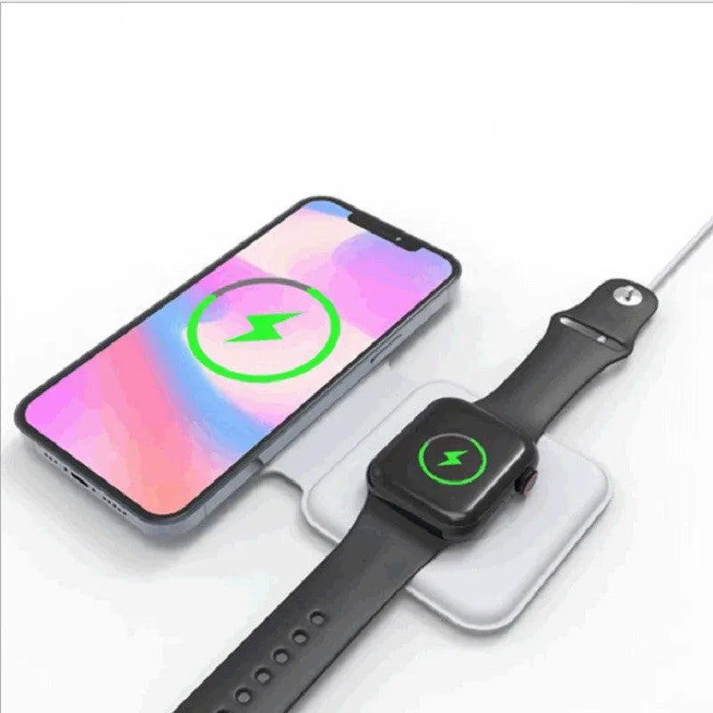 White foldable magnetic wireless charging dock showing dual charging surfaces and 180° folding mechanism