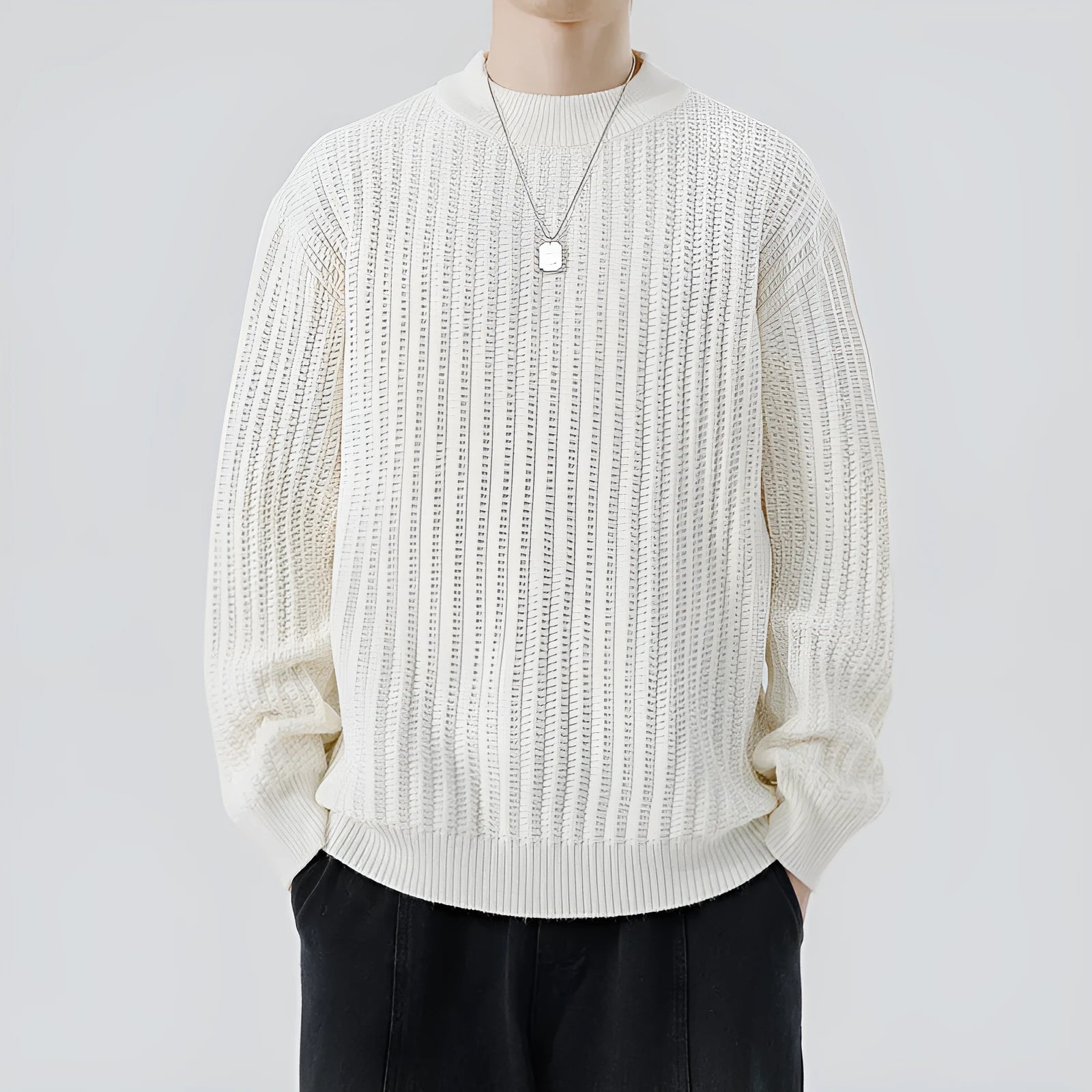 Men's round neck sweater in dark gray with long sleeves and loose fit