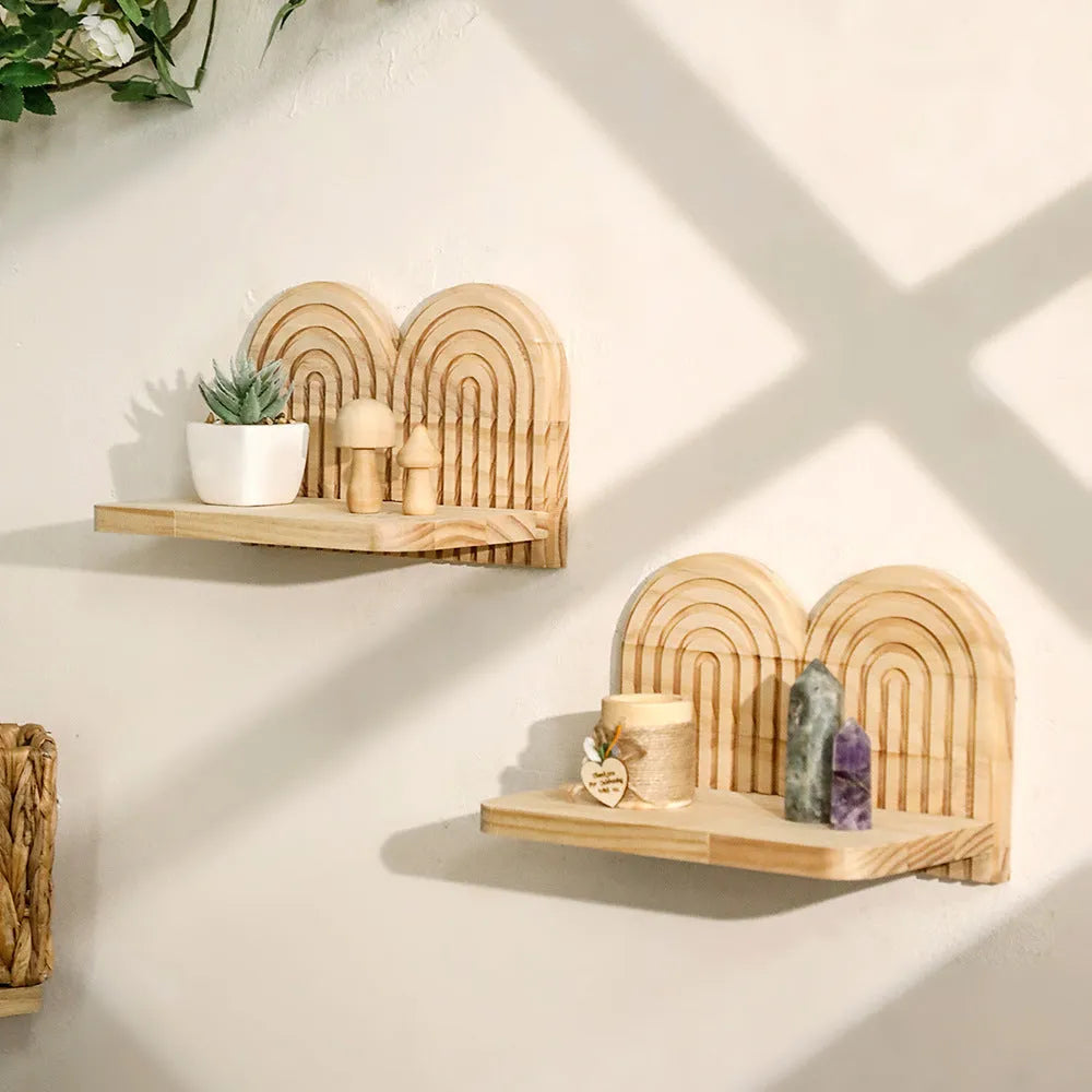 Solid wood multi-layer wall storage rack displaying flower pots in hanging pendant design