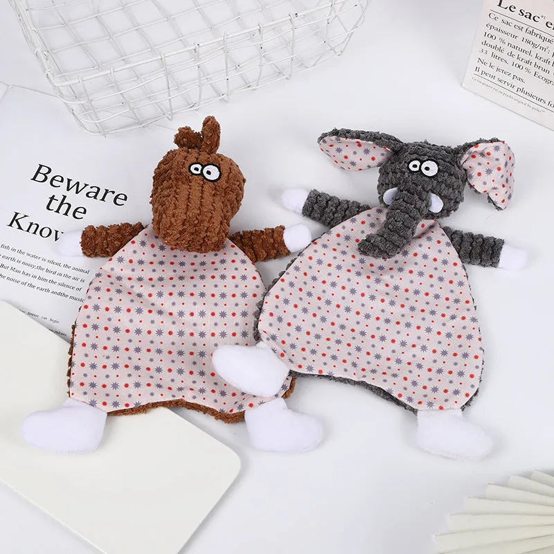 Brown plush fox dog toy with squeaker on a grey background.