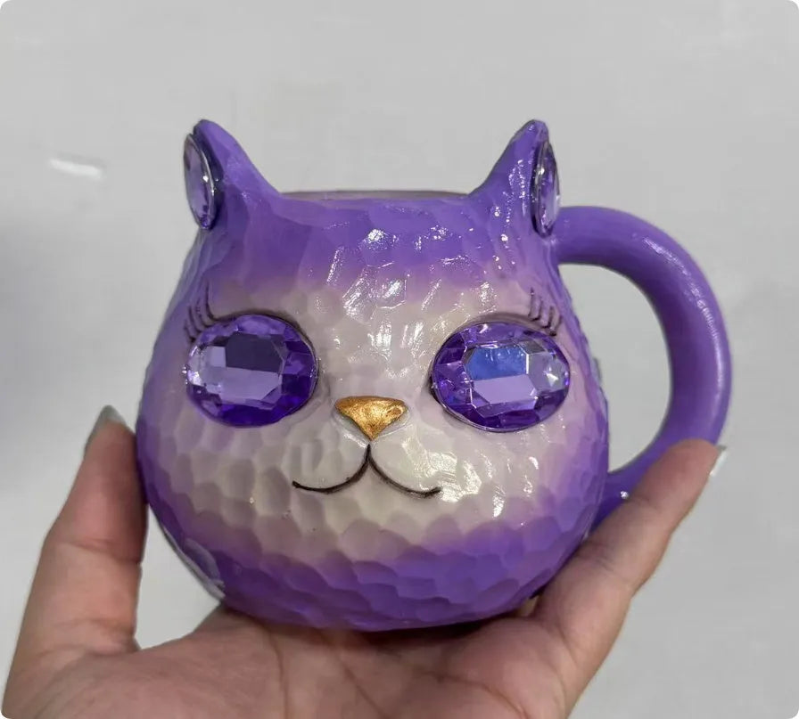 Crystal Earth decorative cat resin cup in American style, available in blue, green, pink, and purple colours.