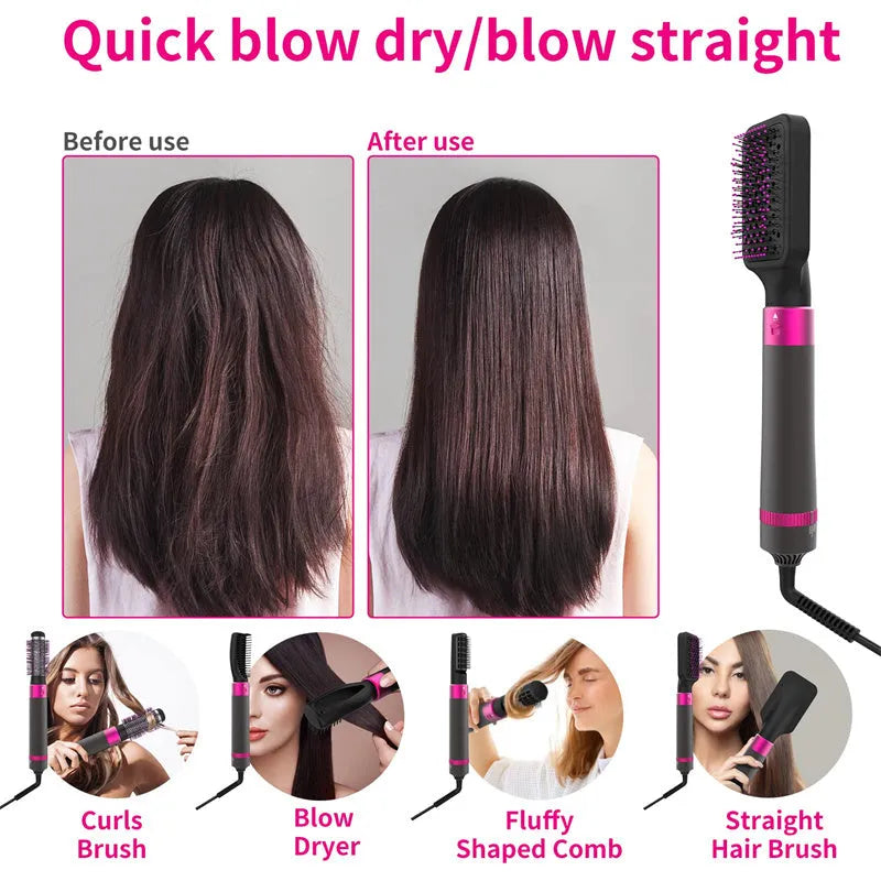 Dyson grey 5 in 1 hair dryer brush styling tool with multiple brush attachments on a white background.