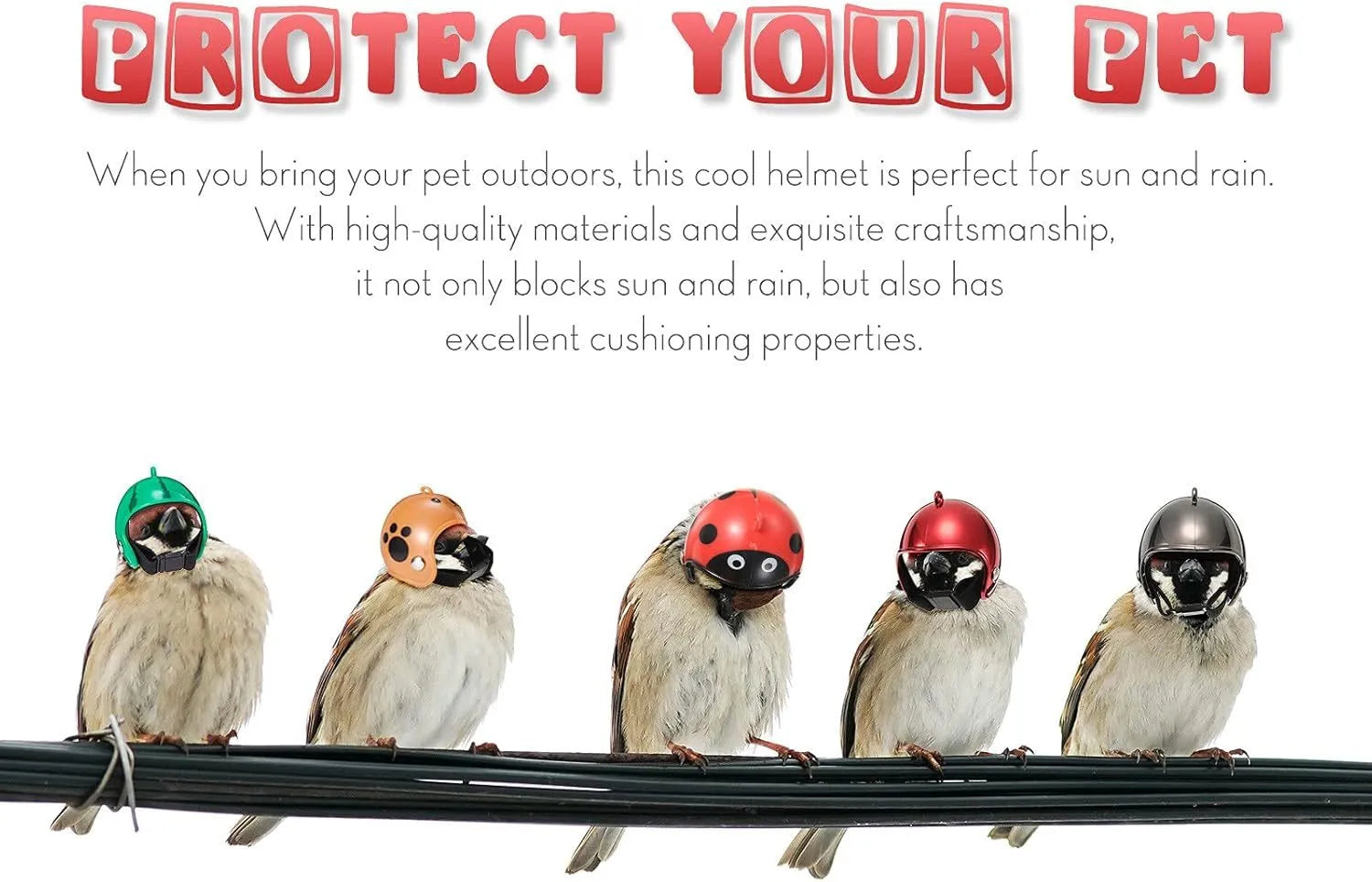 Small plastic pet helmet with elastic straps for chickens and birds.