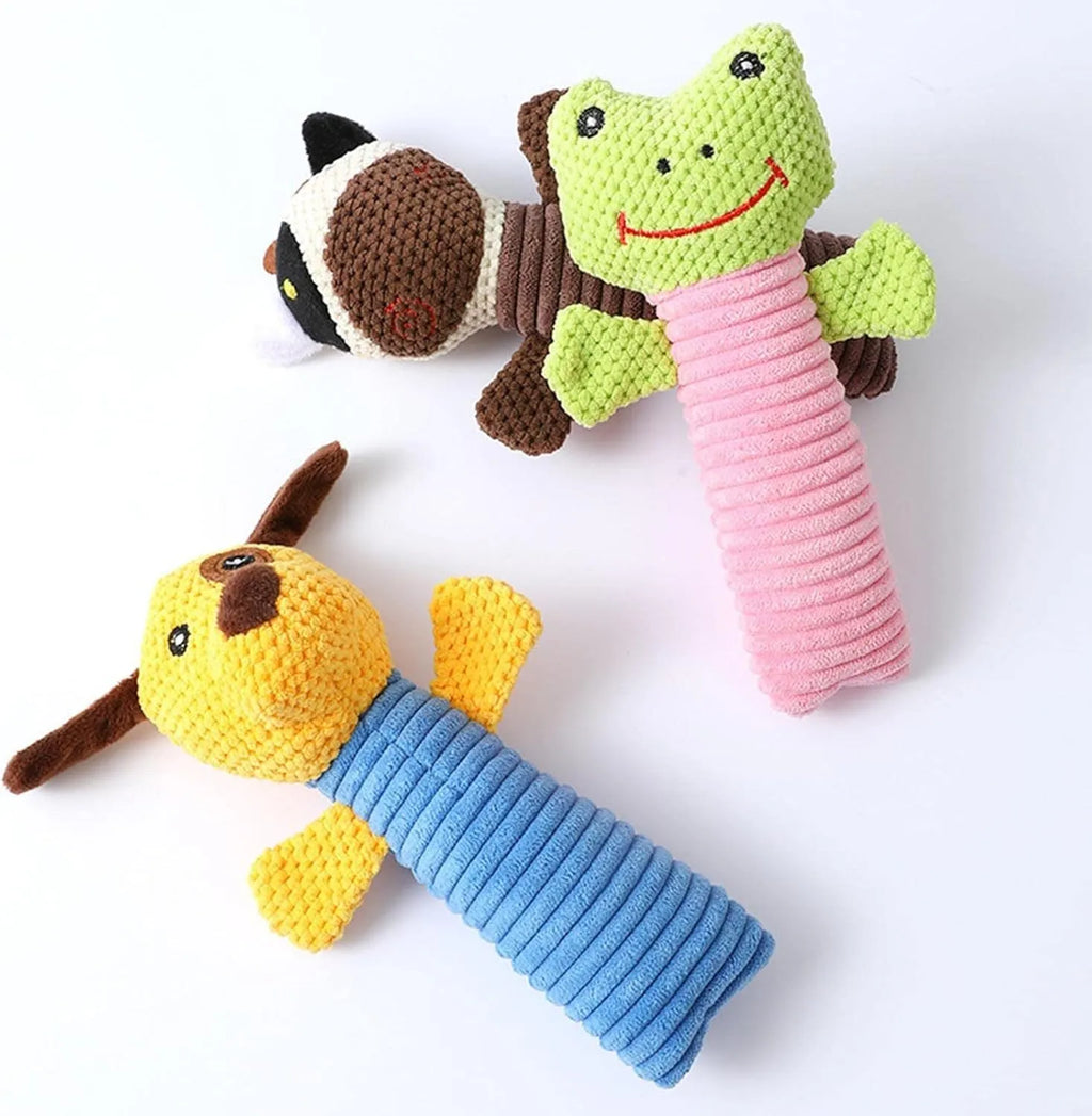 Squeaky stuffed animal dog chew toy measuring 19cm by 5cm for dental cleaning