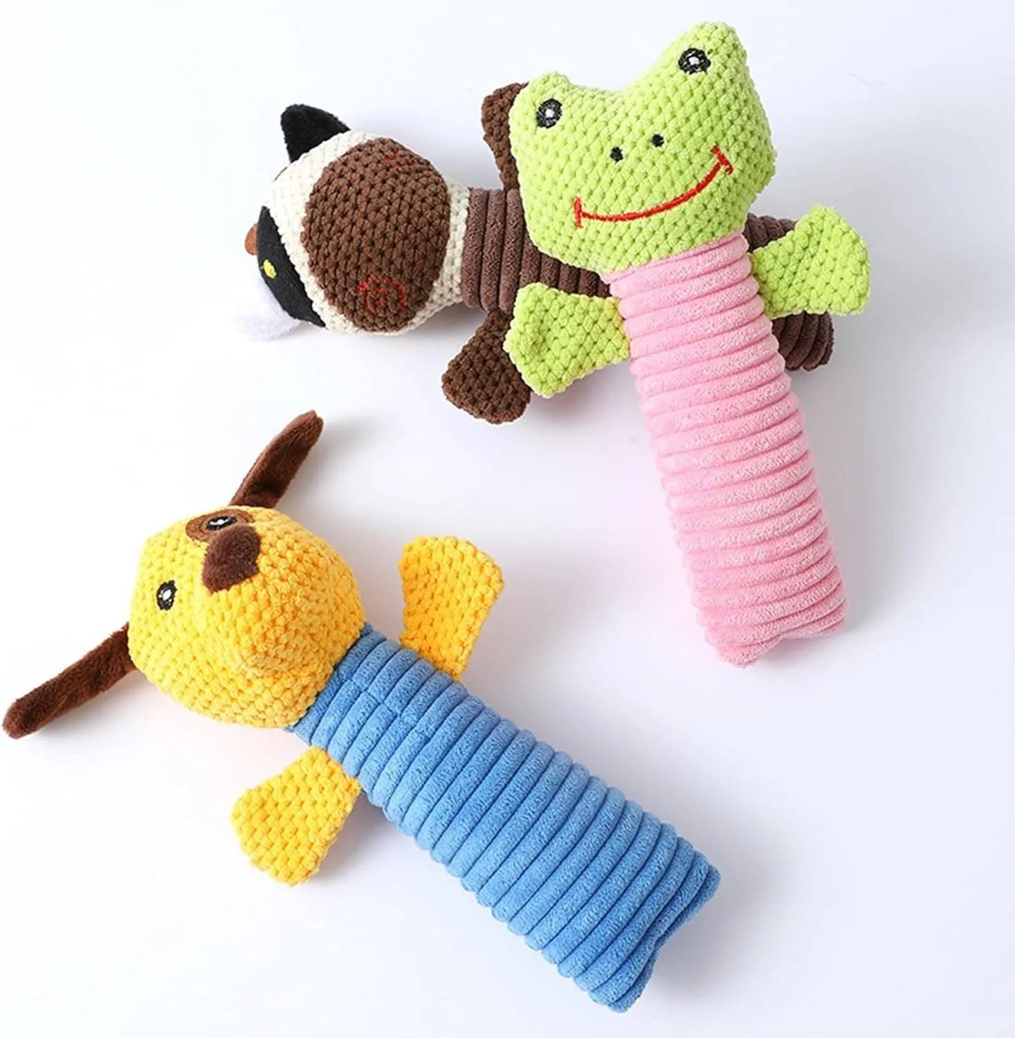 Squeaky stuffed animal dog chew toy measuring 19cm by 5cm for dental cleaning