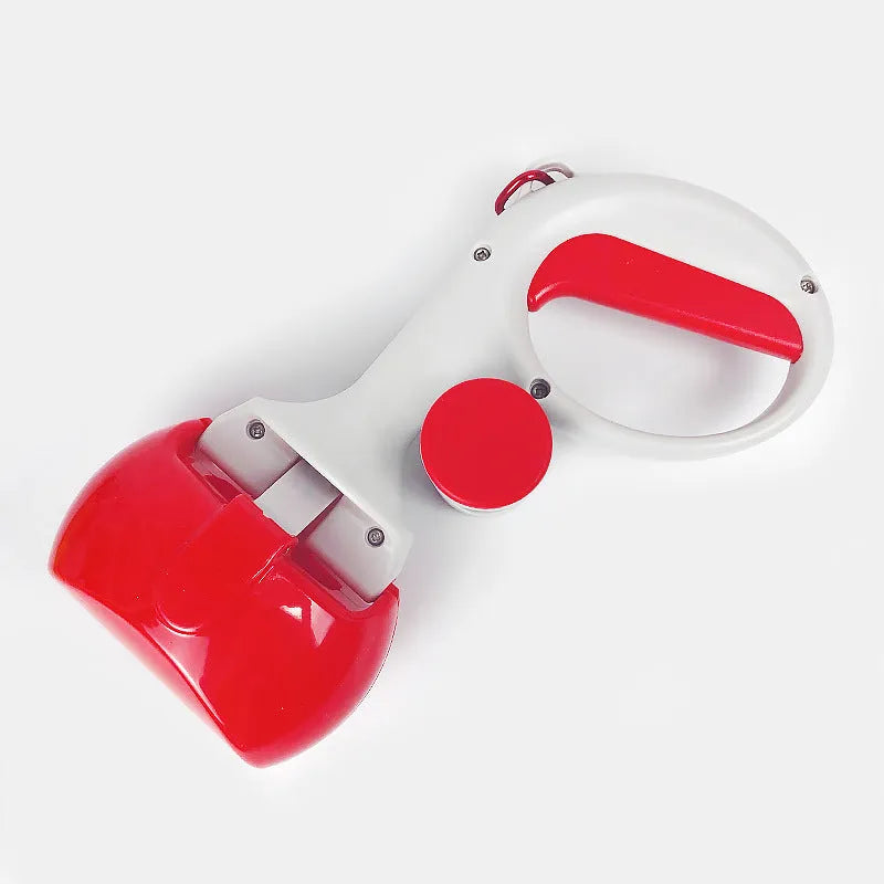 Black ABS plastic pet pooper scooper with built-in trash bag holder and top carrying hook.