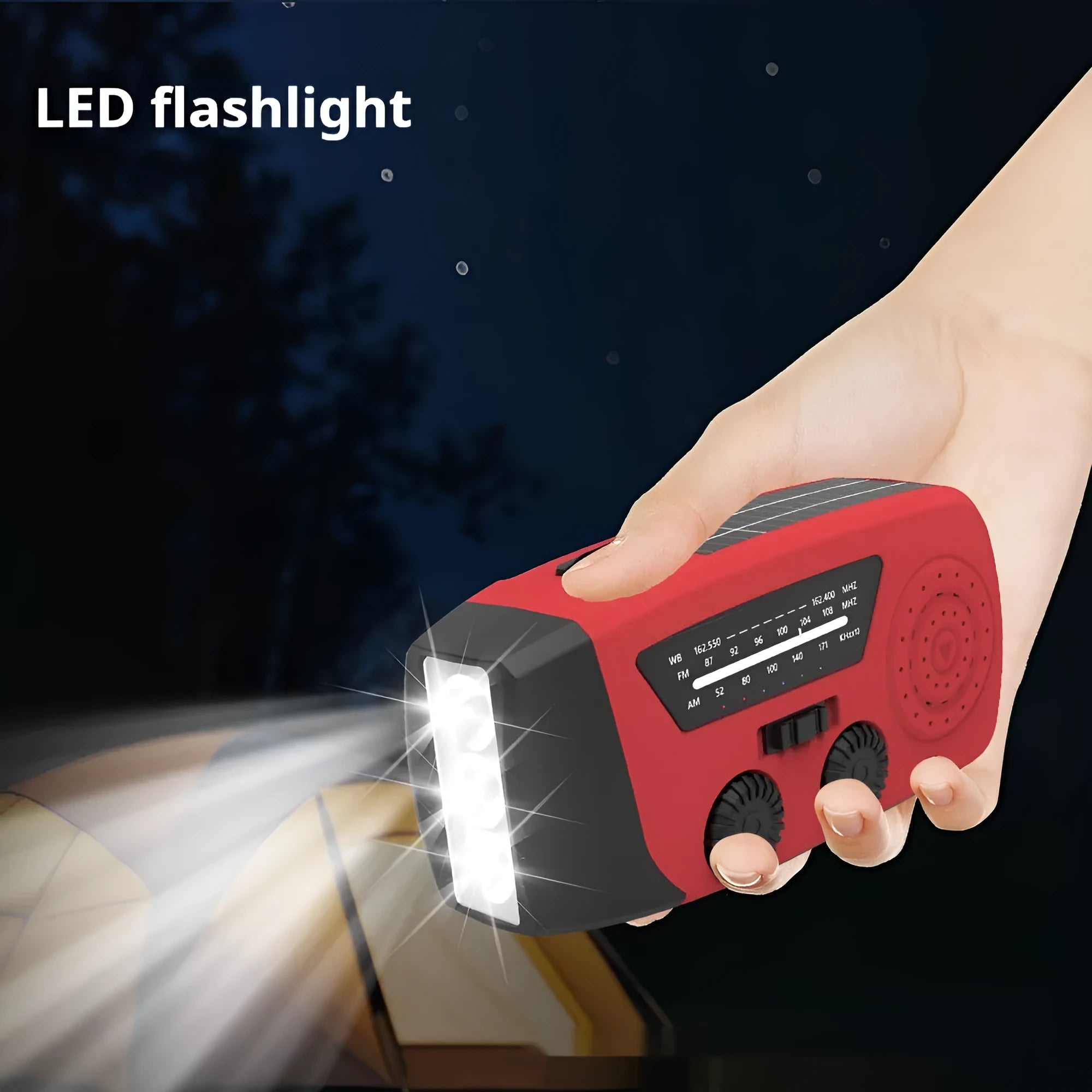 Red rechargeable emergency hand radio torch with USB port and wrist strap