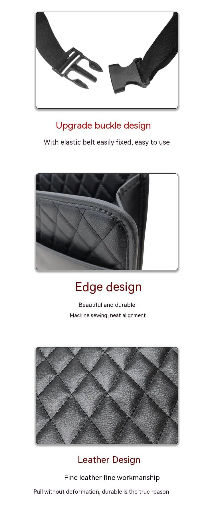 Black leather hanging storage bag for car interior, shown with dimensions 25cm by 25cm.