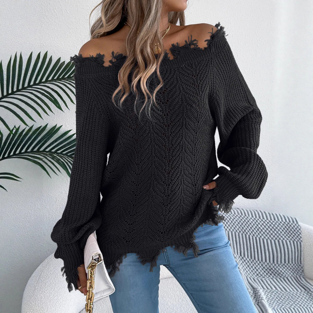 Cut off-the-shoulder acrylic sweater with hollow-out detailing in black, orange, and white colour options