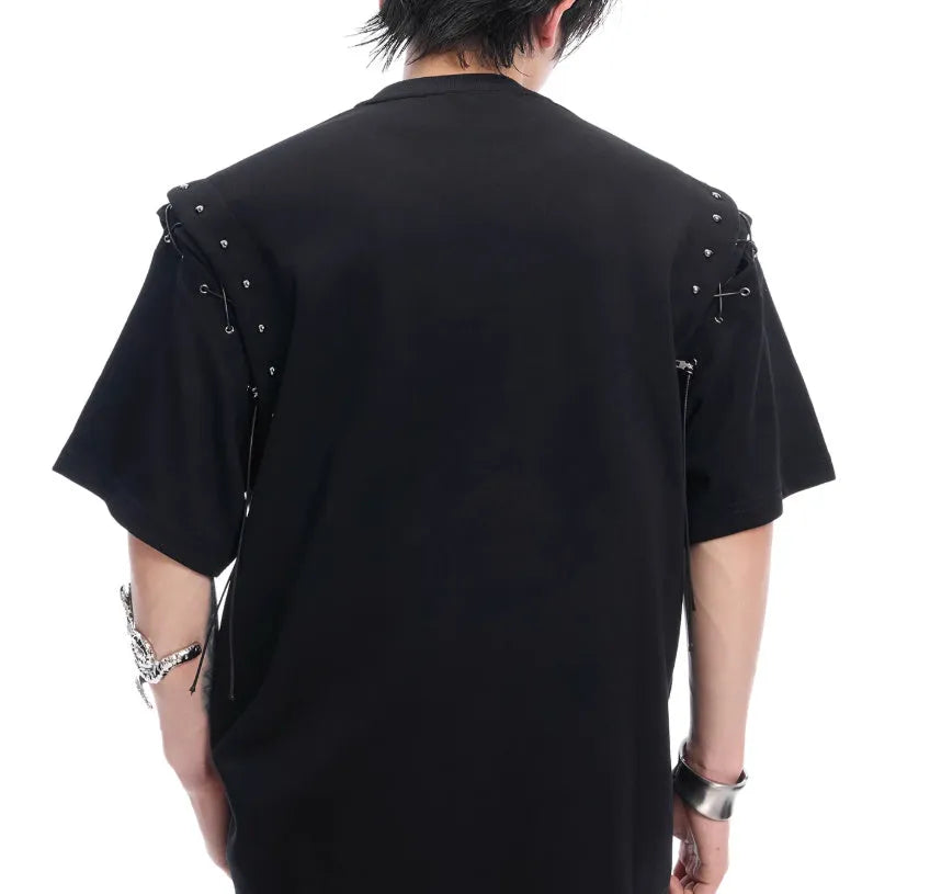 Black short sleeve T-shirt with lace-up cutout detail on mannequin