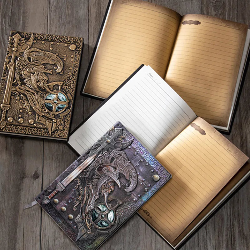 Handmade A5 leather notebook with 3D Warriors relief embossed design in metallic colours