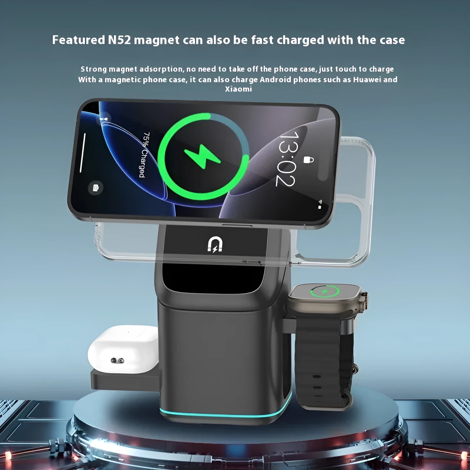 Black and silver mobile phone magnetic wireless charging stand showing 180-degree rotation on a desk.
