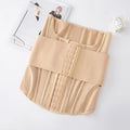Black and apricot nylon belly band for waist training with adjustable belt tie, shown in various sizes.
