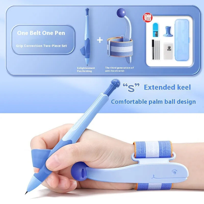 Blue Anti-hook Holder Pen Control Corrector wrist brace on a hand holding a pencil.