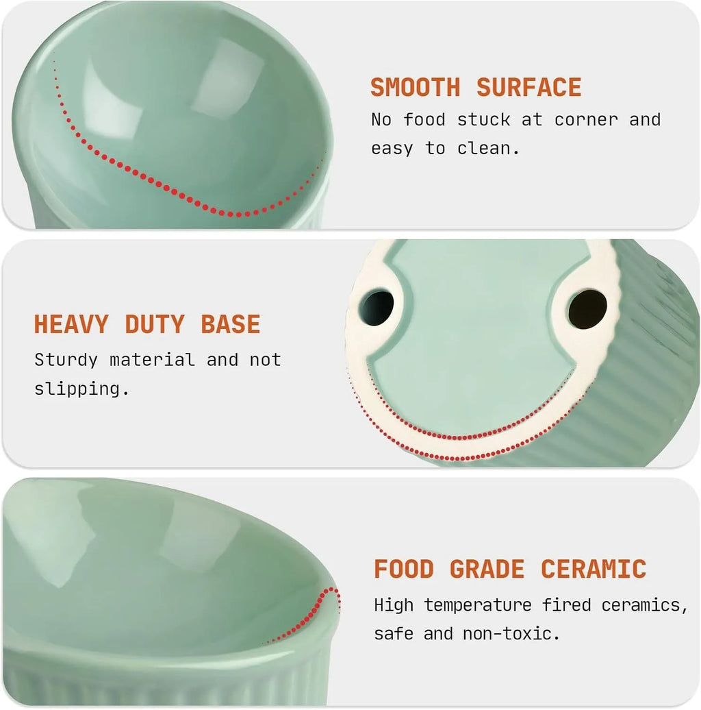 A dark green ceramic elevated cat bowl with a tilted, round design on a wooden surface.
