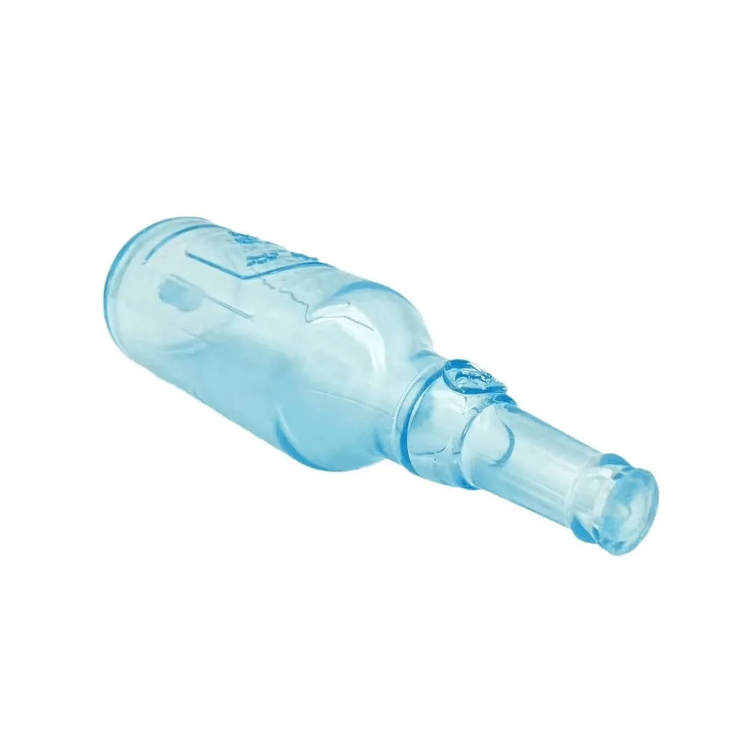 Blue natural rubber water bottle dog chew toy with squeaker at the tail on a white background