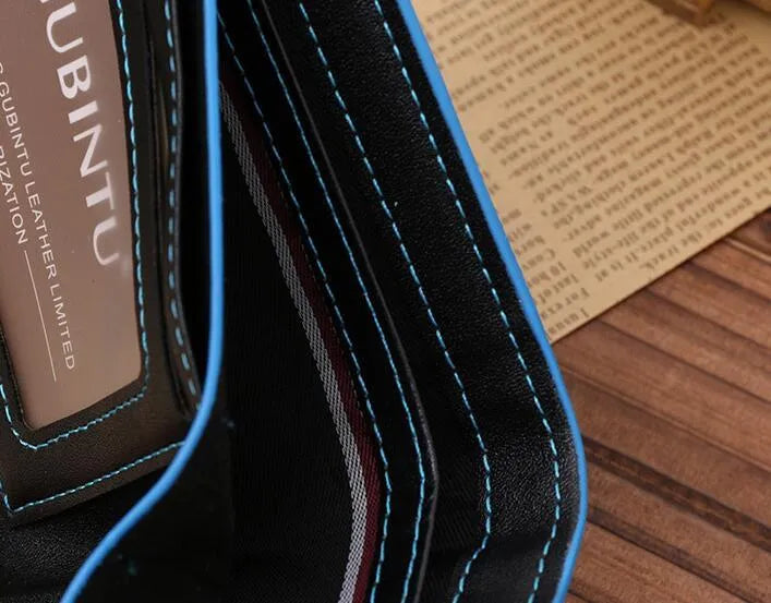 Man wallet PU leather black with blue edge bifold 3 card slots 12cm long 10cm wide