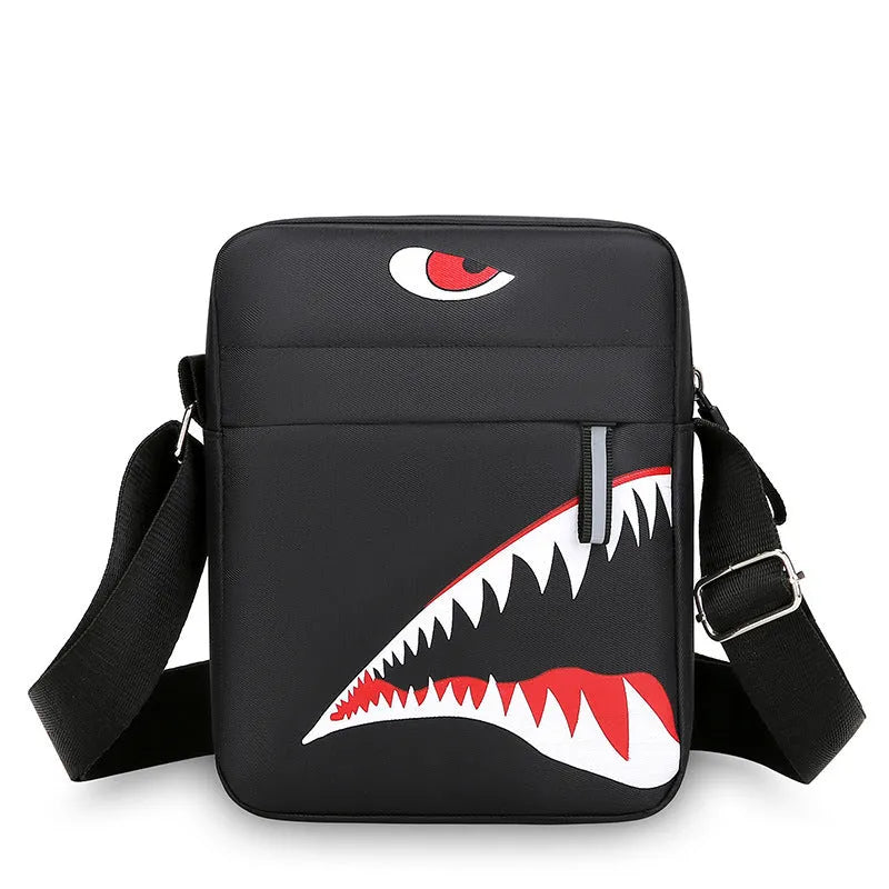 Men's black Oxford cloth crossbody bag with animal pattern design and shoulder strap