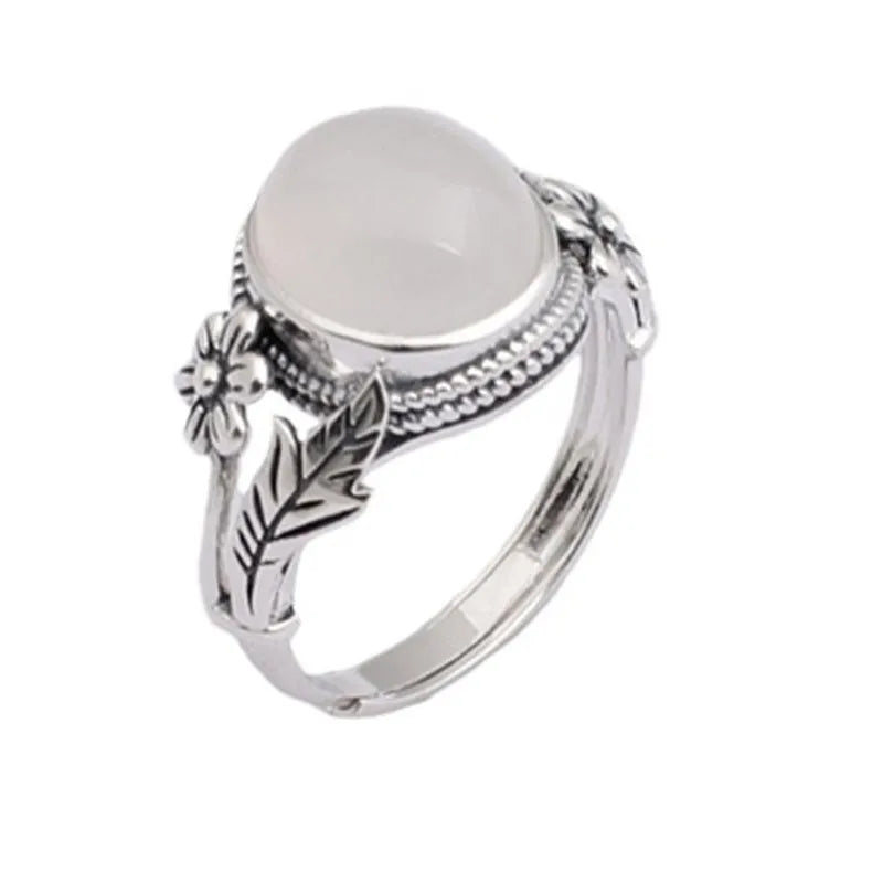 Copper adjustable ring with imitation white chalcedony stone in vintage U-shaped design