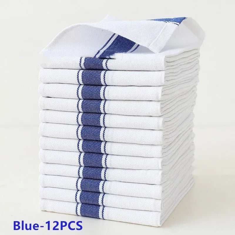 Set of twelve striped polyester cotton blend dish towels showing colour options: black, blue, brown, yellow, and multi-colour.