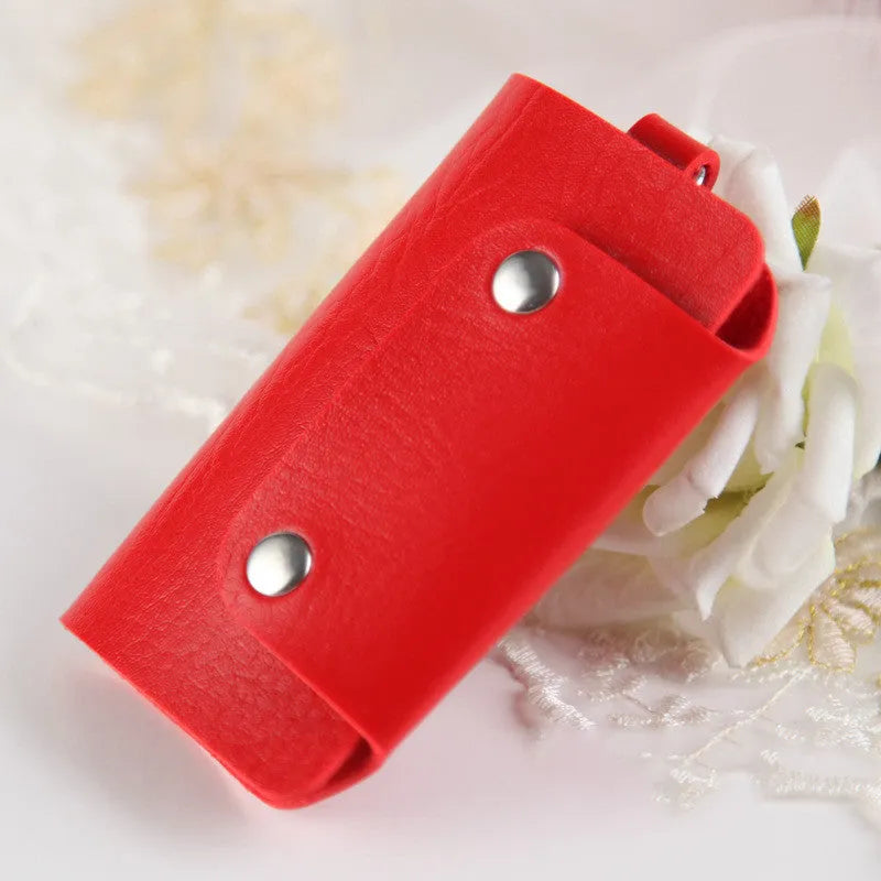 Soft PU leather colour button key case in square vertical section with key bit and cover opening in plain Korean style