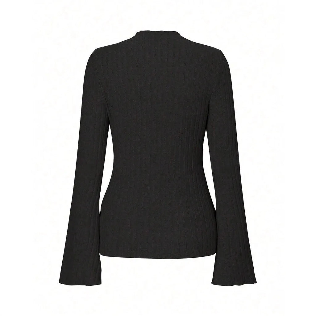Long sleeve round neck top in black with sunken stripe pattern and lantern sleeves