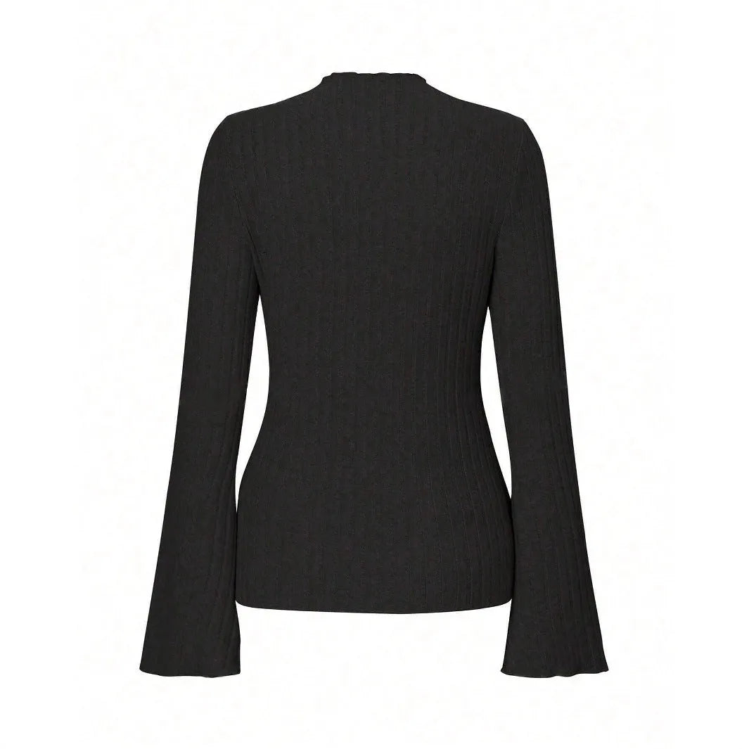 Long sleeve round neck top in black with sunken stripe pattern and lantern sleeves