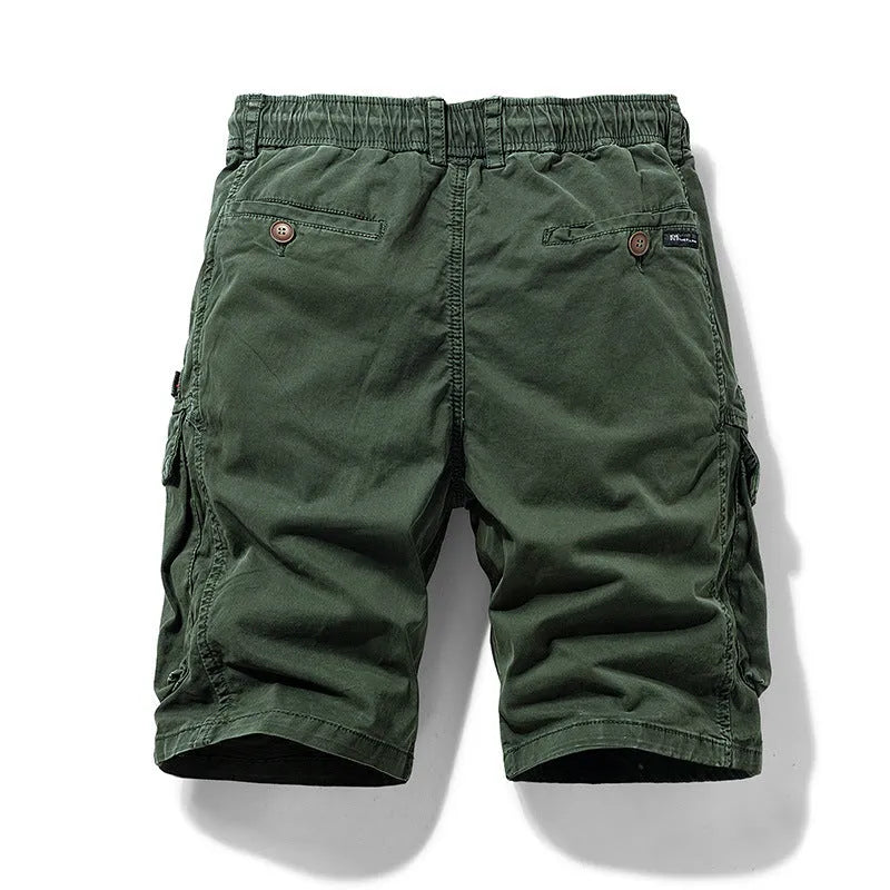 Men's cotton shorts with zip fly and multiple pockets in army green colour