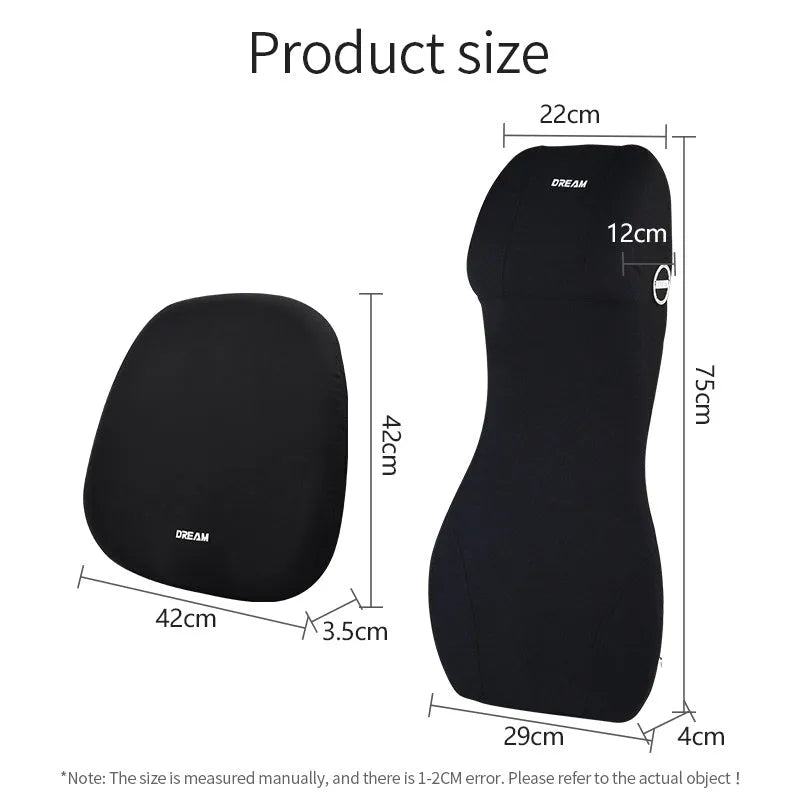 Black automotive memory foam waist cushion and headrest lumbar support pillow on a car seat.