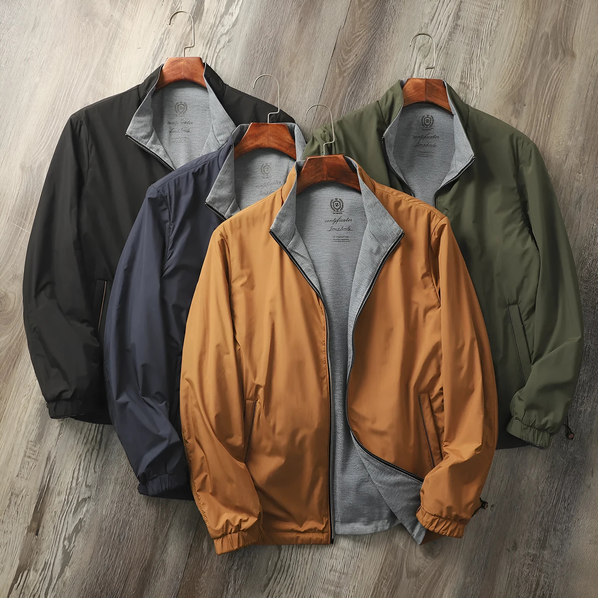 Men's stand collar casual jacket in polyester blend fabric available in multiple colours with Asian sizing options
