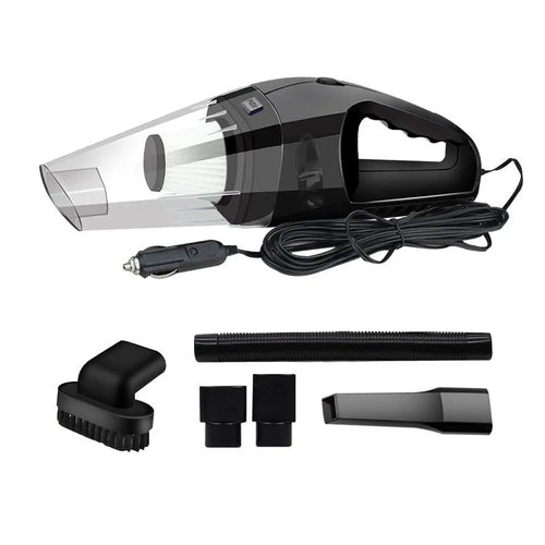 Orange handheld car vacuum cleaner with nozzle attached, next to its 12V cigarette lighter plug and additional accessories.